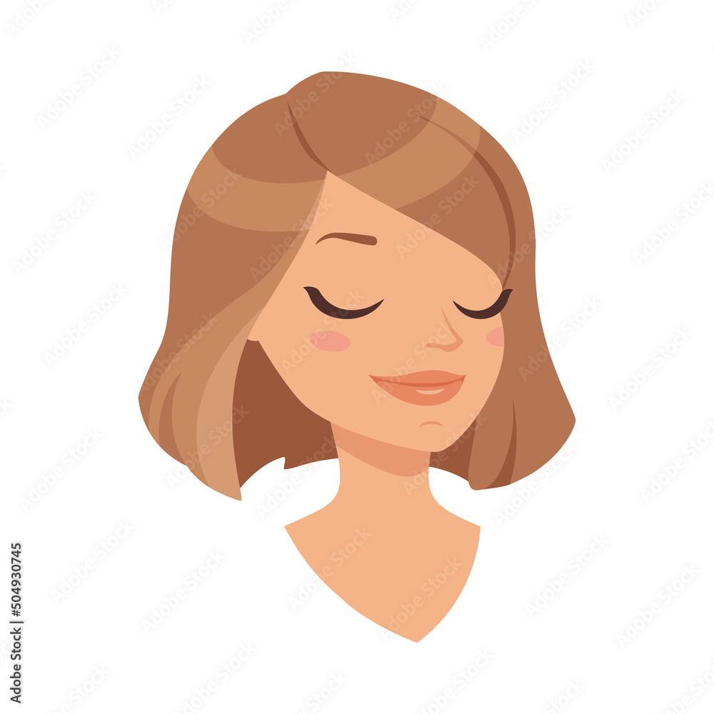 Pretty Woman Character Face with Short Haircut Smiling Having Closed Eyes Vector Illustration Pretty Woman Character Face with Short Haircut Smiling Having Closed Eyes Vector Illustration