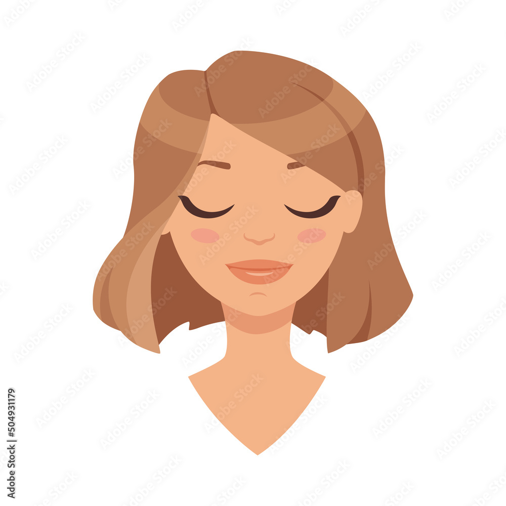 Pretty Woman Character Face with Short Haircut Smiling Having Closed Eyes Vector Illustration Pretty Woman Character Face with Short Haircut Smiling Having Closed Eyes Vector Illustration