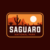 vector illustration of Saguaro National Park, badge , vintage, retro, patch, sticker, logo with mountain and cactus at background