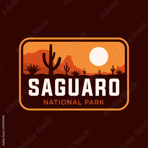 vector illustration of Saguaro National Park, badge , vintage, retro, patch, sticker, logo with mountain and cactus at background