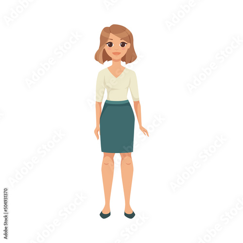 Woman Character in Skirt and Blouse in Standing Pose Vector Illustration