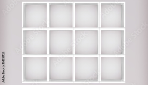 3D mockup of white empty cabinet with shelves on the wall. Kitchen furniture or bookshelf for office and home. Shop, gallery showcase. Blank retail storage space. Interior design furniture