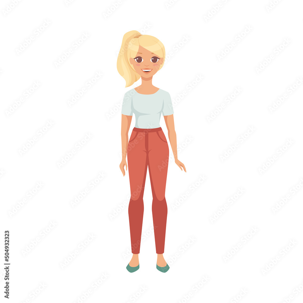 Blond Woman Character with Ponytail in Red Pants in Standing Pose Vector Illustration Blond Woman Character with Ponytail in Red Pants in Standing Pose Vector Illustration