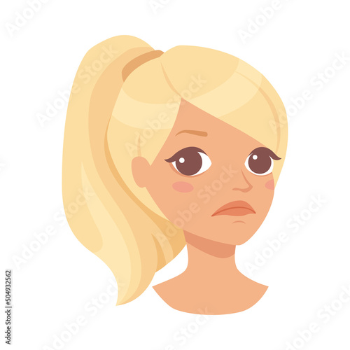 Pretty Woman Character Face with Blond Hair in Ponytail Feeling Sad Vector Illustration