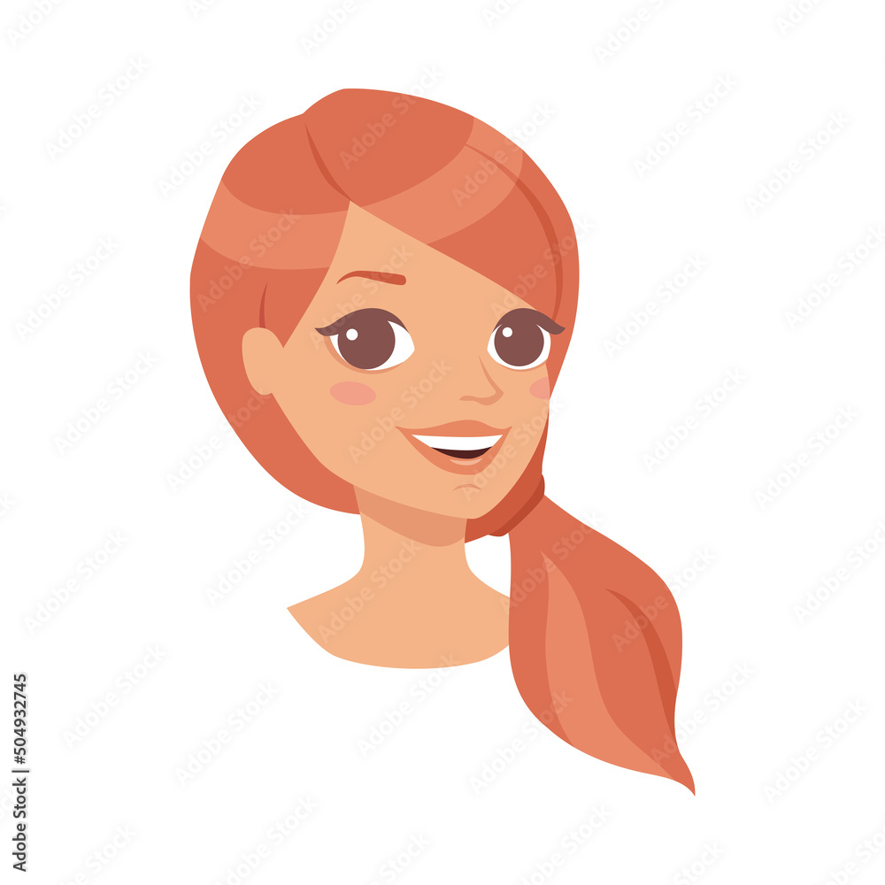 Pretty Woman Character Face with Red Hair in Ponytail Smiling Vector Illustration Pretty Woman Character Face with Red Hair in Ponytail Smiling Vector Illustration