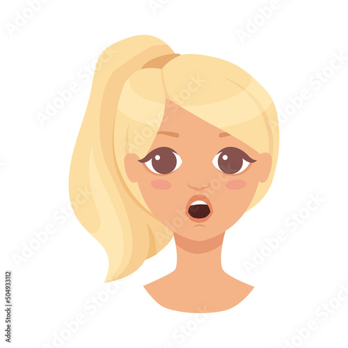 Pretty Woman Character Face with Blond Hair in Ponytail Gasping Feeling Surprised Vector Illustration