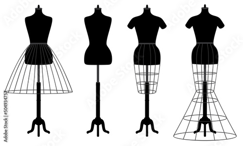 Foto Vector set of female mannequins with crinolines, fashion dress forms in black co