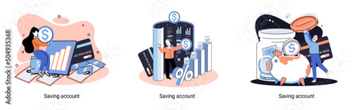 Saving account concept metaphor. People with coins and piggy bank. Accumulation of funds, wealth, passive income. Receiving interest from keeping money, safe future. Banking services, internet payment
