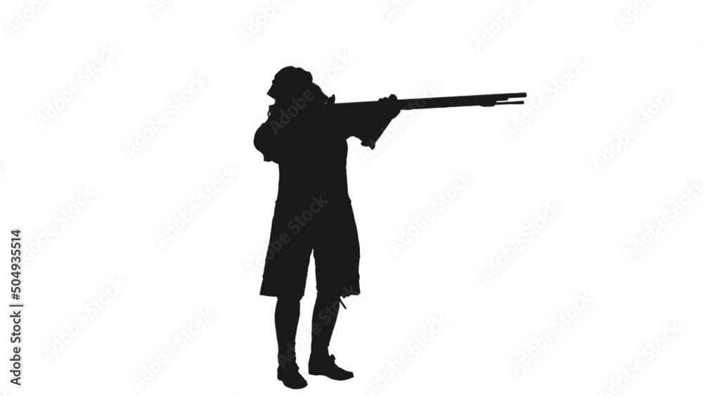 Black and white silhouette of 18th century infantryman firing rifle, Full HD footage with alpha transparency channel isolated on white background Black and white silhouette of 18th century infantryman firing rifle, Full HD footage with alpha transparency channel isolated on white background