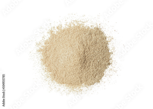 Pile of maca powder isolated on white background. Top view. Flat lay.