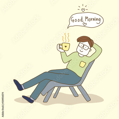 Hand drawn casual cute guy drinking coffee for good morning concept