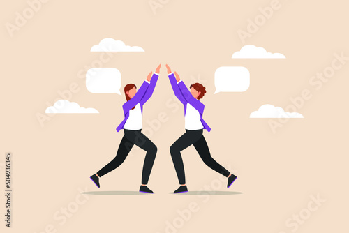 The boy and his friend raised their hands and gave each other a high five. friendship day. Flat isolated vector illustration.