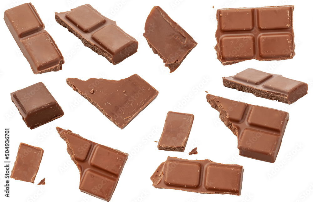 Fototapeta premium Milk chocolate broken into pieces. Chocolate bar, crumb, shavings. Chocolate slices isolated on white background.