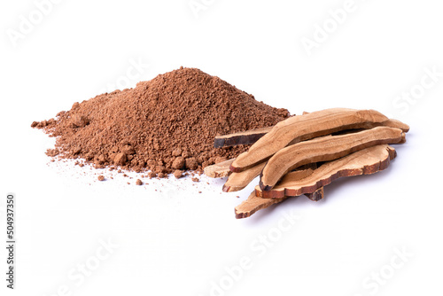 Pile of dry Ganioderma Lucidum mushroom (Ling Zhi, Lingzhi, Reishi) powder isolated on white background. photo