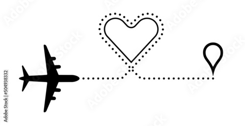 Love to travel concept illustration. Airplane with dotted line, map pin, heart vector illustration. Travel, transport concept illustration to use in tourism, summer holiday, business travel projects. 