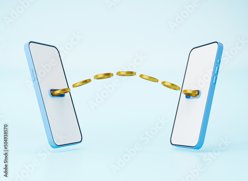 Golden coins flowing between smartphone on blue background for money transfer payment and internet application mobile banking technology concept by 3d render illustration.
