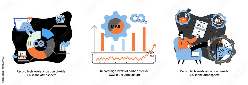Record high levels carbon dioxide CO2 atmosphere. Industrial emissions affect changes in carbon dioxide concentration. Causes of climate change on planet. Problems of environment and ecology metaphor