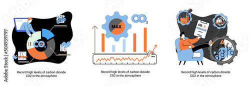 Record high levels carbon dioxide CO2 atmosphere. Industrial emissions affect changes in carbon dioxide concentration. Causes of climate change on planet. Problems of environment and ecology metaphor