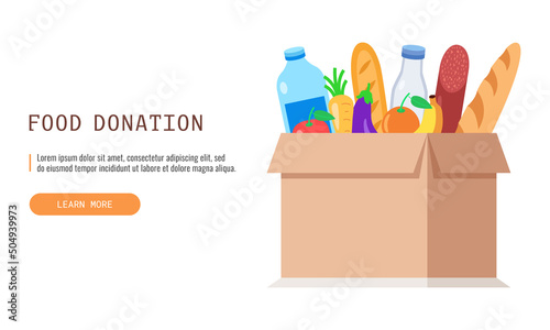 Donation food box. Humanitarian aid application. Web banner. Vector illustration..