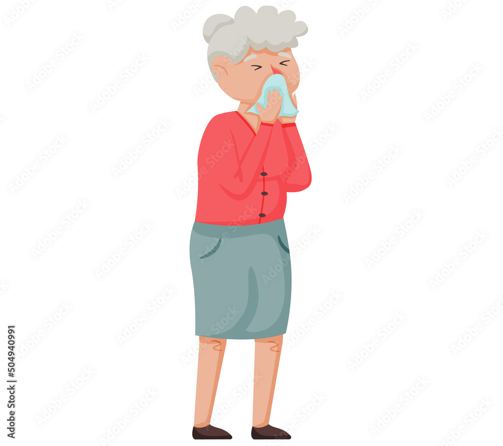 Elderly woman with runny nose. Sneezing female patient on white background. She got influenza and runny nose. Season allergy. Sick lady sneeze in hospital. Epidemic of colds and viral diseases