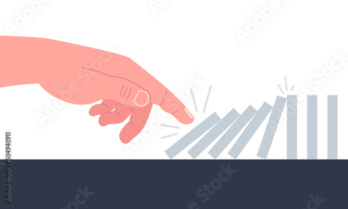 Hand pushing the domino effect. Business concept. Vector illustration..