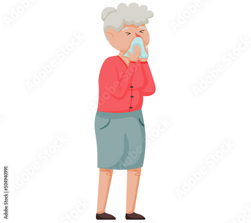 Elderly woman with runny nose. Sneezing female patient on white background. She got influenza and runny nose. Season allergy. Sick lady sneeze in hospital. Epidemic of colds and viral diseases