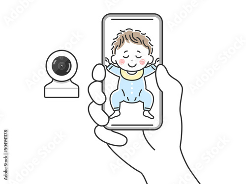 ベビーモニターで監視する、寝ている赤ちゃんのイラスト
