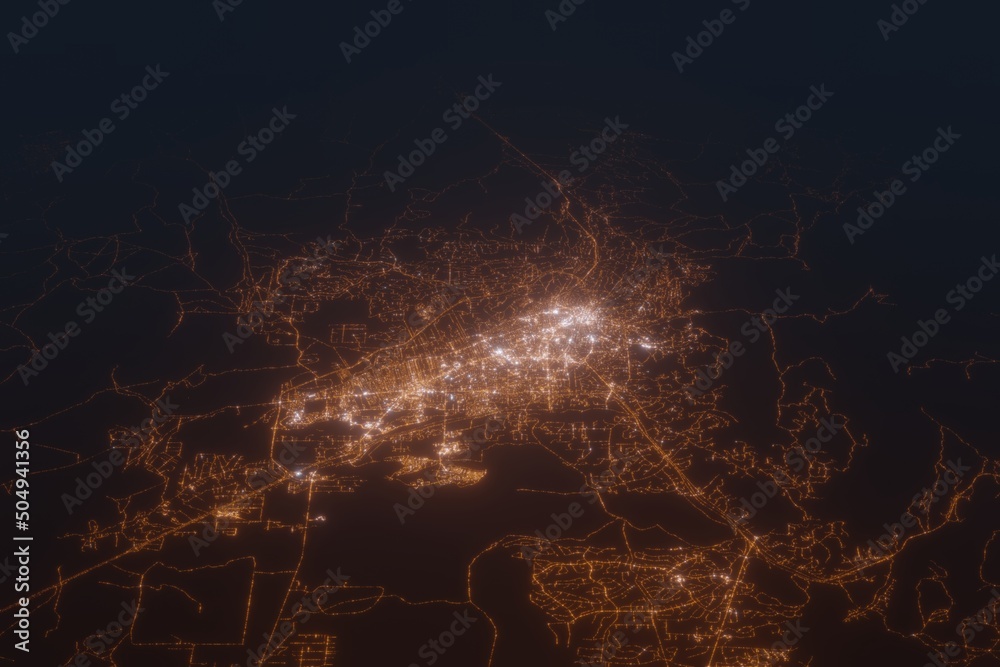 Obraz premium Aerial shot of Santa Fe (New Mexico, USA) at night, view from south. Imitation of satellite view on modern city with street lights and glow effect. 3d render