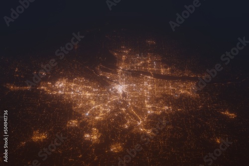 Aerial shot of Portland (Oregon, USA) at night, view from south. Imitation of satellite view on modern city with street lights and glow effect. 3d render © Hairem