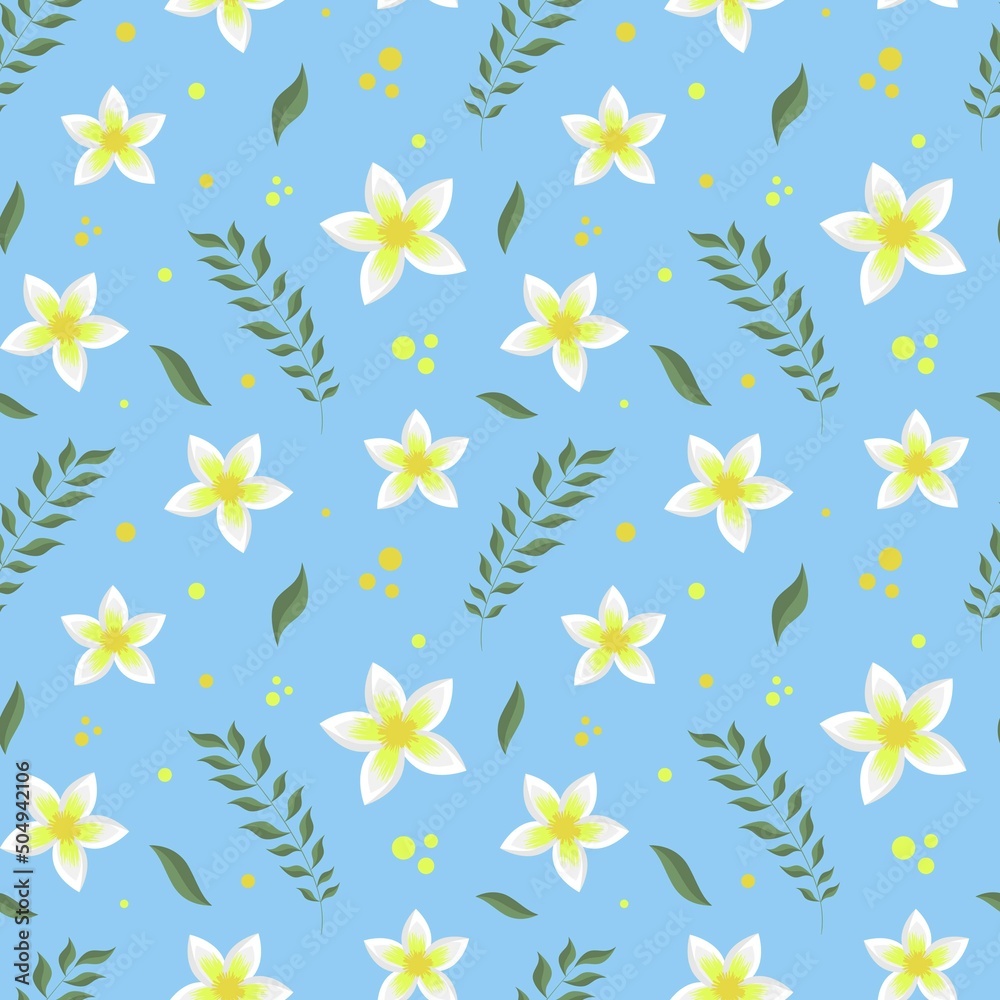 Vector seamless pattern with white flowers, branch and leaves on blue background. Vector seamless pattern with white flowers, branch and leaves on blue background.