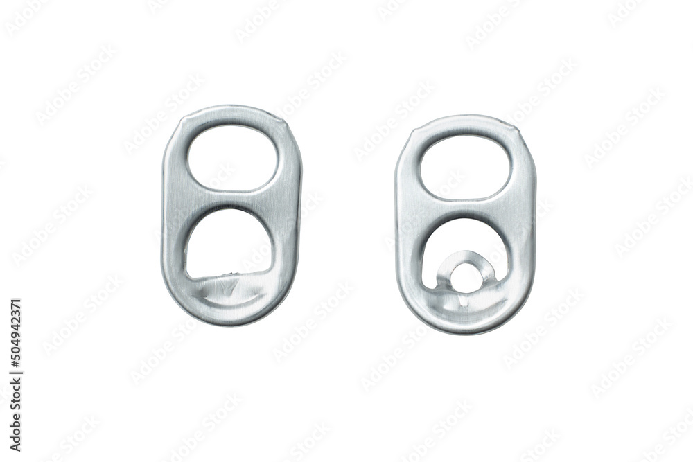 Pair of Aluminum Can Opener Pull Tab Lid, Ring-Pull Complet and Incomplete On Isolated on White Background - obrazy, fototapety, plakaty 