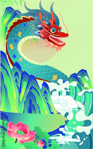 Dragon boat race on Dragon Boat Festival, eating rice dumplings, commemorating Qu Yuan traditional festival activities, Chinese dragon, vector illustration
