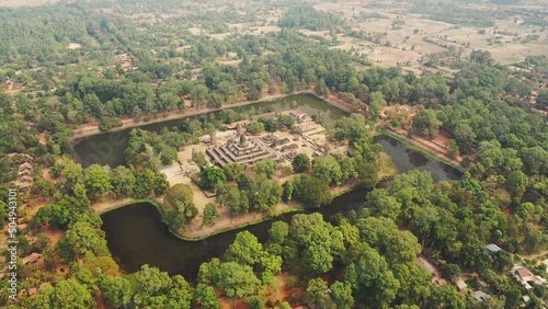 The Bakong in the city of Angkor in the middle of the green jungle in Asia, Cambodia, towards Siem Reap, in summer, on a sunny day.