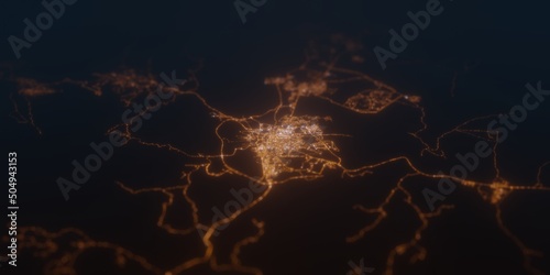 Street lights map of Taif (Saudi Arabia) with tilt-shift effect, view from south. Imitation of macro shot with blurred background. 3d render, selective focus