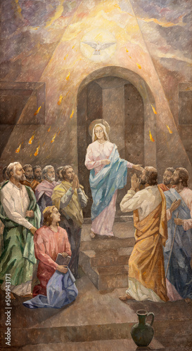 VALENCIA, SPAIN - FEBRUAR 14, 2022: The painting of Pentecost in the church Iglesia San Francisco de Borja by Miguel Vaguer (1973).