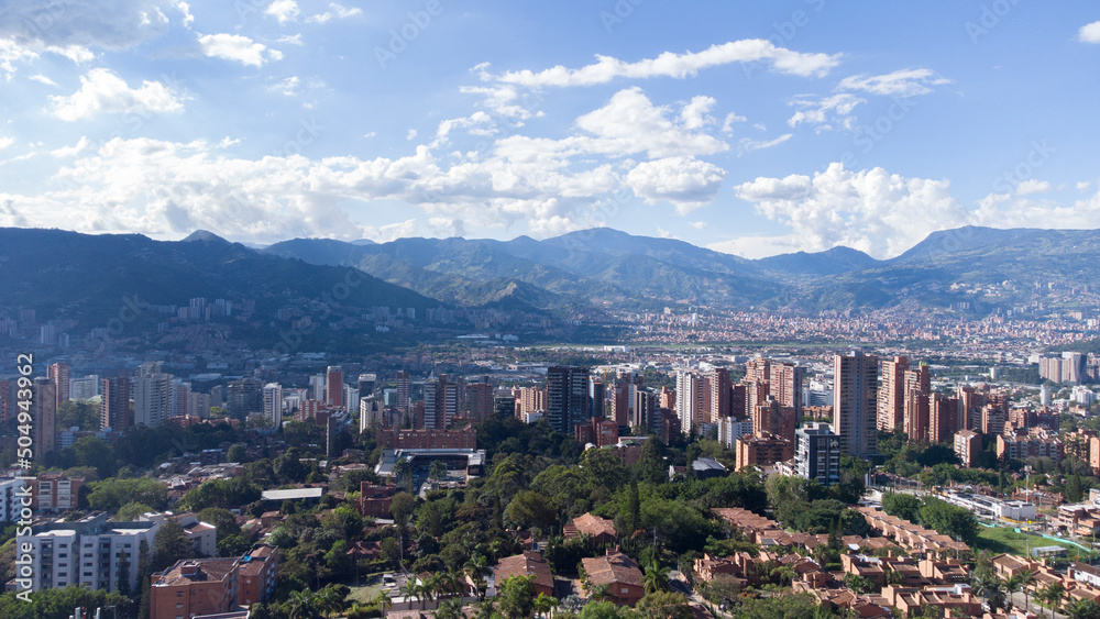 Panoramic of the buildings of the El Poblado neighborhood, Medellin, Colombia, photographic shots with a drone