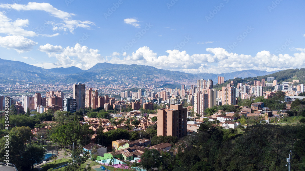 Panoramic of the buildings of the El Poblado neighborhood, Medellin, Colombia, photographic shots with a drone