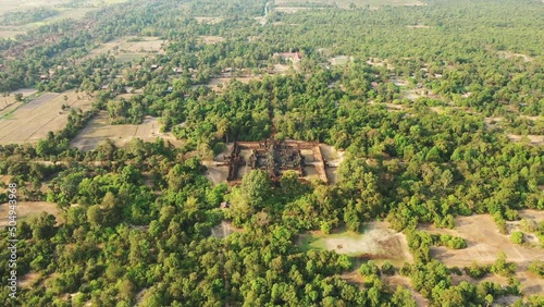The panoramic view from Banteay Samre temple in Angkor city surrounded by green countryside in Asia, Cambodia, towards Siem Reap, in summer, on a sunny day.