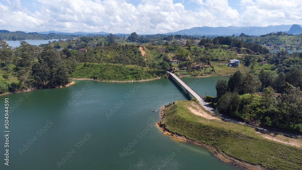 Fototapeta premium Natural panoramic view of the Peñol Antioquia dam, aerial shots with a drone