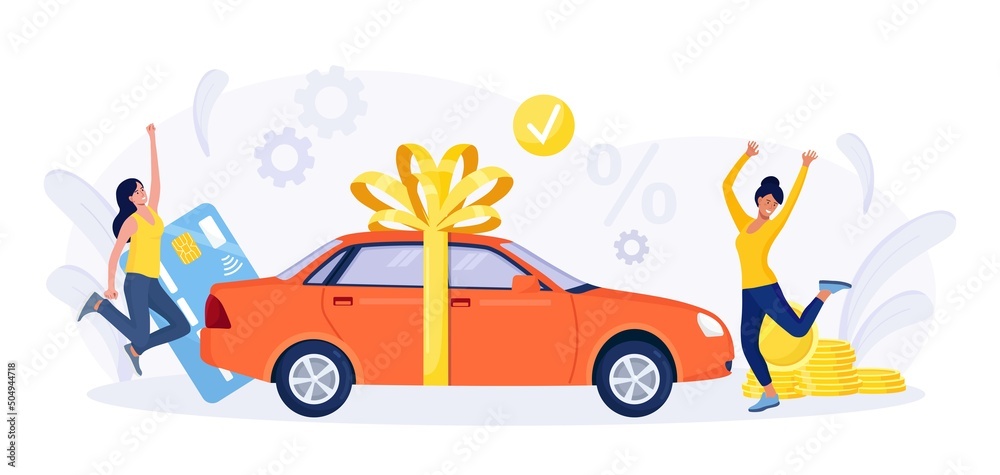Naklejka premium Happy People Celebrating Buying Auto. Automobile Purchase. Women Standing near New Red Sedan Car Wrapped with Big Festive Bow. Cars Rent, Sharing, Leasing. Successful Deal. Vector design