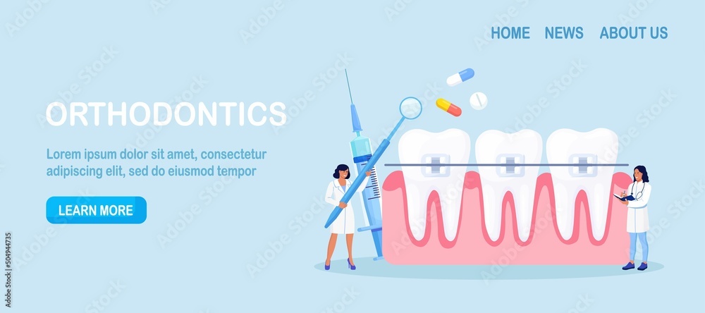 Doctors installing braces in orthodontic clinic. Dental doctor in uniform treating human teeth with braces. Prosthetics and dental care. Orthodontic treatment and cosmetic odontology. Vector design
