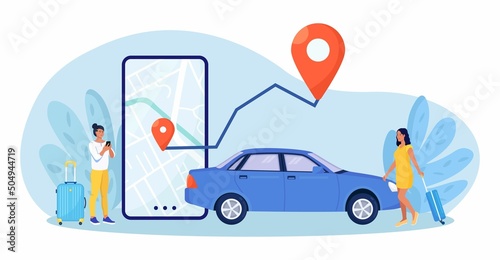 Online car rent. People using mobile application for ordering taxi cab or car sharing. Woman near smartphone screen with route and location mark on a city map
