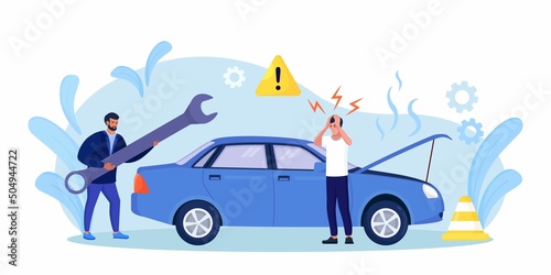 Car accident. Disappointed man in panic standing beside broken auto without insurance.Vehicle damaged, automobile crash. Breakdown of the car on the road. Spoiled transport needs repair. Vector design