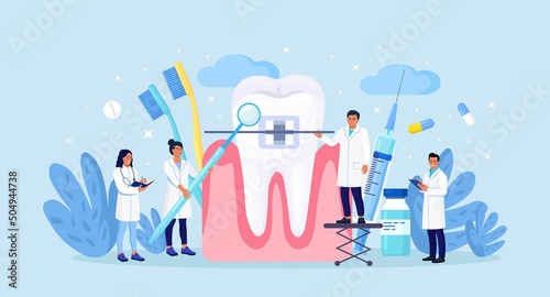 Doctors installing braces in orthodontic clinic. Dental doctor in uniform treating human teeth with braces. Prosthetics and dental care. Orthodontic treatment and cosmetic odontology. Vector design
