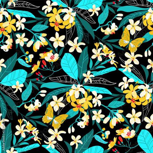 Tropical seamless background with simple flowers
