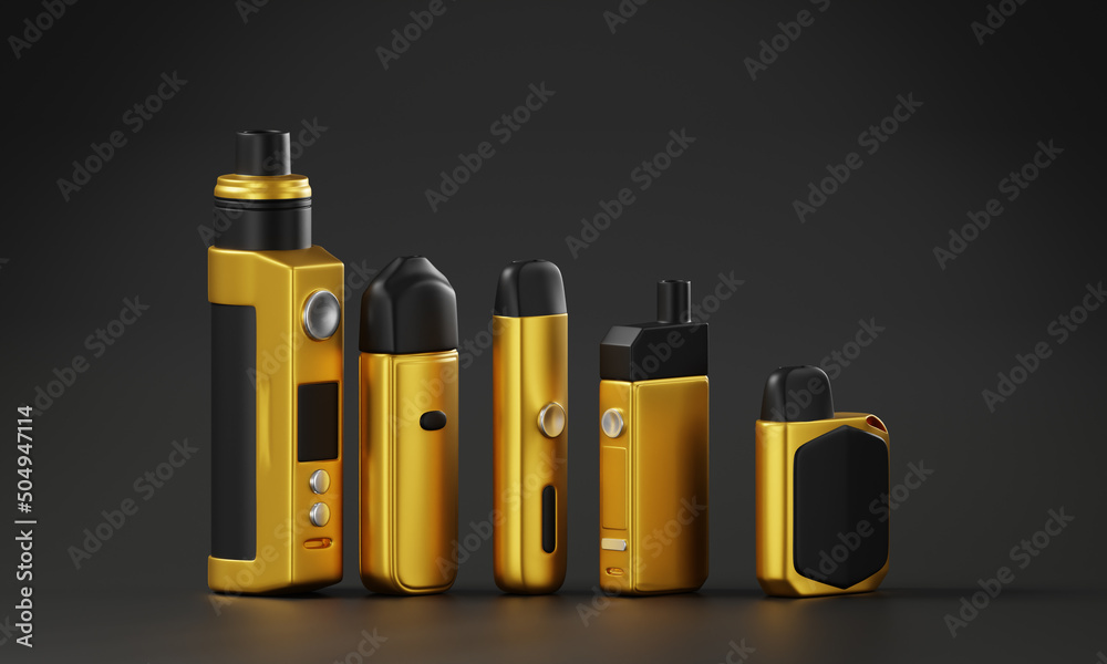 Vape Mod Box isolated on Gold and black background 3d illustration. Vape Mod Box isolated on Gold and black background 3d illustration.