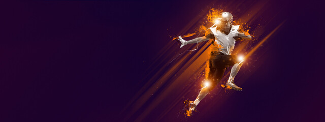 Bright poster with american football player in motion and action with ball isolated on dark background with polygonal and fluid neon elements. Art, creativity, sport