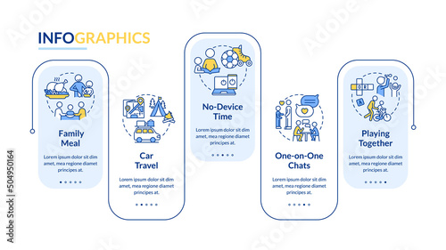 Quality time together blue rectangle infographic template. Data visualization with 5 steps. Process timeline info chart. Workflow layout with line icons. Lato-Bold, Regular fonts used