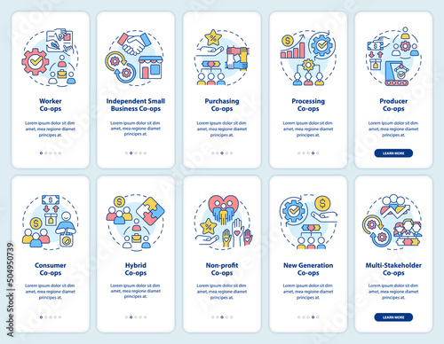 Business cooperatives types onboarding mobile app screen set. Corporate walkthrough 5 steps graphic instructions pages with linear concepts. UI, UX, GUI template. Myriad Pro-Bold, Regular fonts used
