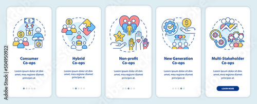 Types of business co-ops onboarding mobile app screen. Corporate walkthrough 5 steps graphic instructions pages with linear concepts. UI, UX, GUI template. Myriad Pro-Bold, Regular fonts used